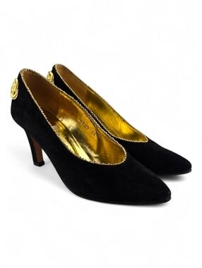 Battini Women's Vintage Black Suede Gold Trim Heel Shoes Pointy Toes Size 36
